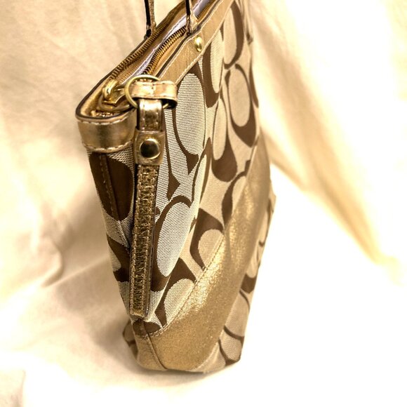 Coach F 15112 signature tote beige, brown shoulder bag with gorld band - Picture 6 of 11